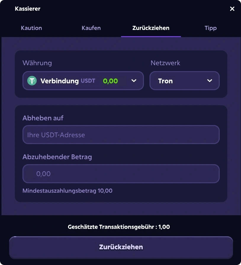 Roobet cashout – Auszahlungsseite mit Coin-Auswahl Betrag Zieladresse und Gebührenanzeige