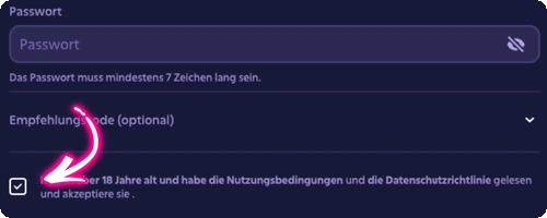 Checkbox Volljährigkeit 18+ und Nutzungsbedingungen akzeptieren
