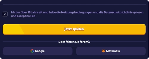 Roobet Registrierung – gelbe Schaltfläche Jetzt spielen, KYC Level 1 Hinweis