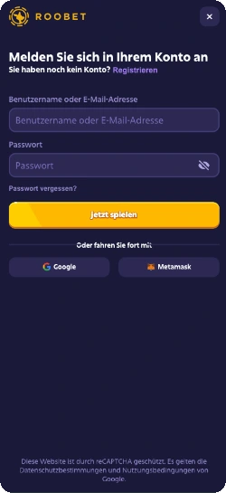 Roobet Login – Anmeldefenster mit E-Mail Passwort Google und Metamask