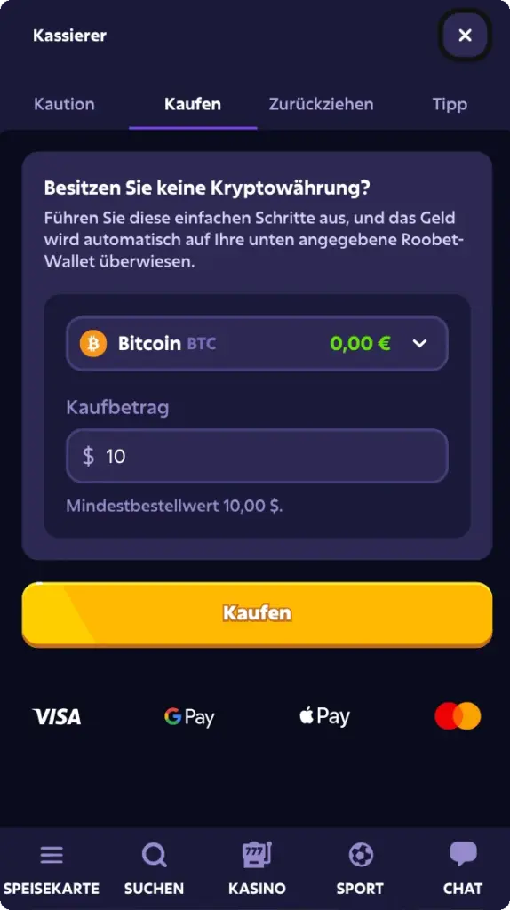 Roobet Deposit – Coin-Auswahl BTC USDT USDC ETH SOL SUI im Kassierer Einzahlungs-Tab
