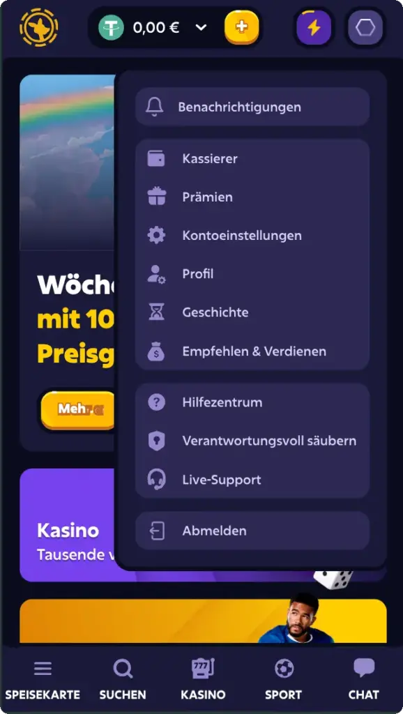 Roobet Konto-Menü – Kassierer Prämien Kontoeinstellungen Profil Live-Support Abmelden