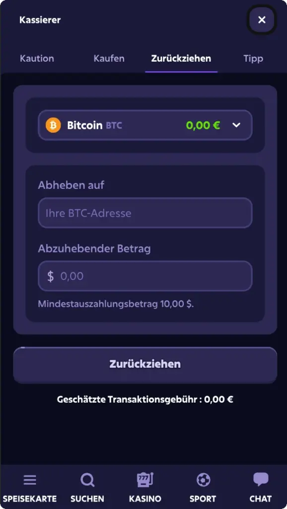 Roobet Auszahlung – Bitcoin BTC Adresse eingeben Mindestauszahlungsbetrag 10 Dollar Transaktionsgebühr