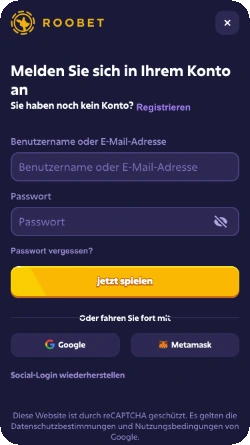 Roobet Login – Anmeldefenster mobile Ansicht