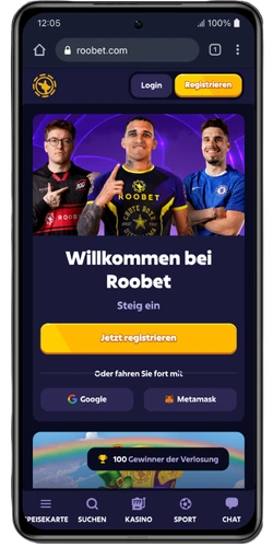 Roobet Menü mobil mit akzeptierten Währungen BTC USDT ETH SOL