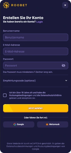 Roobet Registrierung – Formular mit Benutzername E-Mail Passwort und Google Metamask