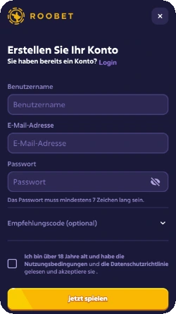 Roobet Registrierung – Konto erstellen Formular mobile Ansicht